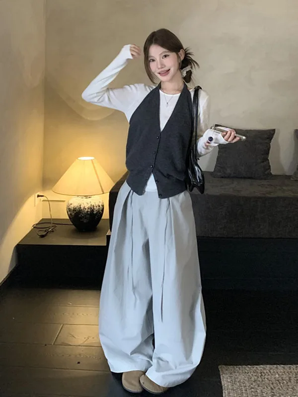 

Casual Long Sleeve Knitwear Set Women's Wide Leg Floor-Length Pants Three-Piece Suit Autumn Commute Style Pure Color Design