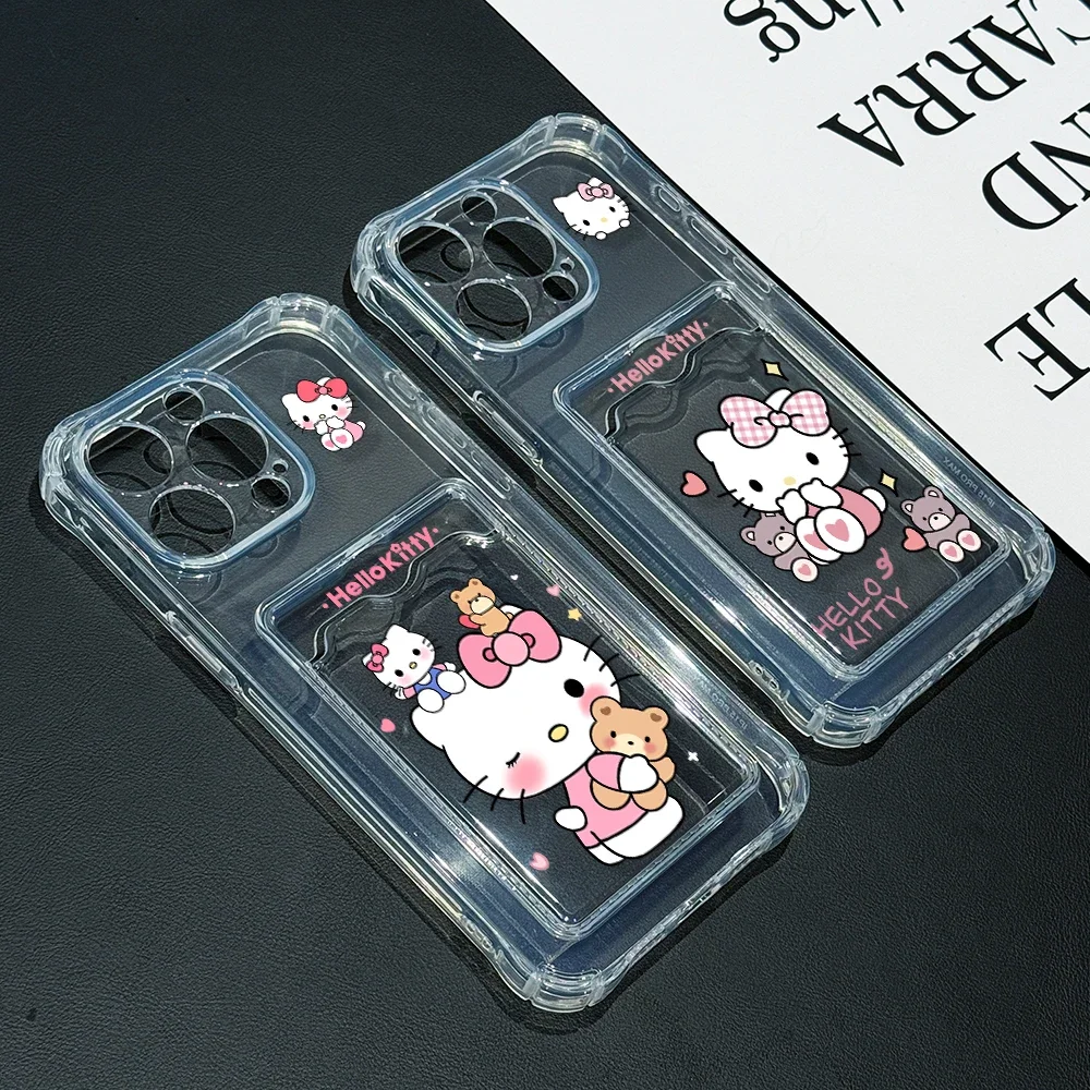 Cartoon Cat Hello Kitty Telefoon Hoesje Voor Iphone 16 15 14 Plus 13 12 Mini 11 Pro X Xs Xr 7 8 Card Pocket Soft Clear Cover