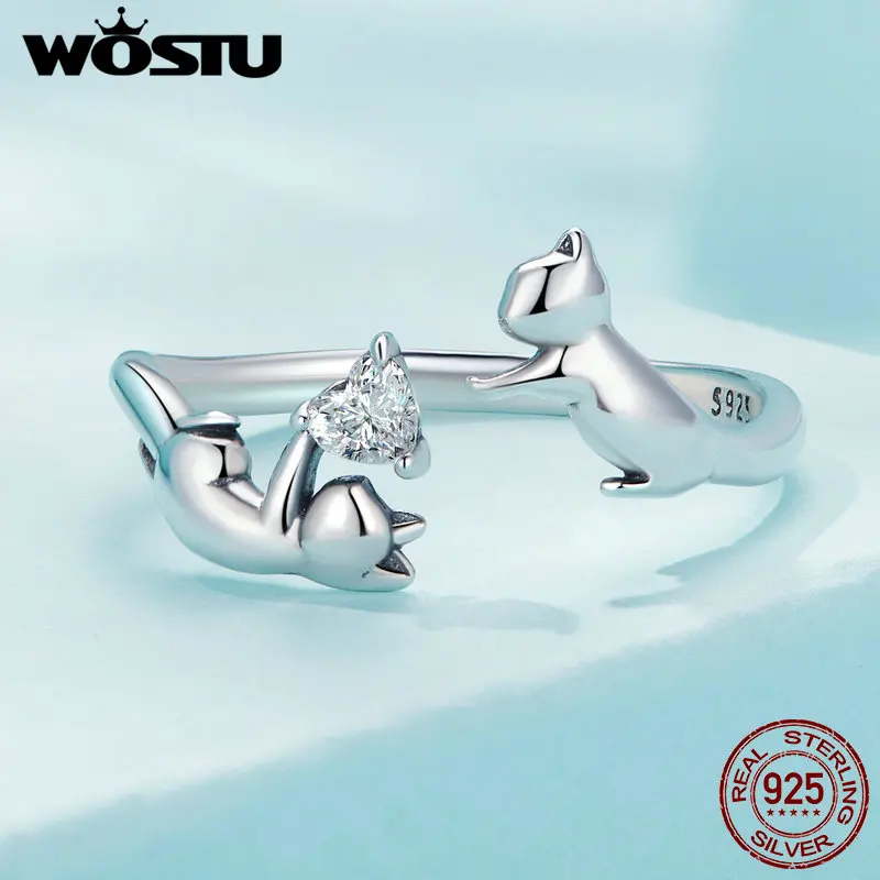 WOSTU 925 Sterling Silver Creative Pet Cat Opening Ring For Women Lovely Fox Animal Rings Girl Birthday Gift Party Accessories