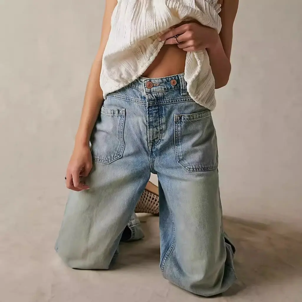 

Women's Wide-leg Denim Jeans American Style Retro Washed Straight Tooling Pants Autumn Fashion Brand Women's Trousers