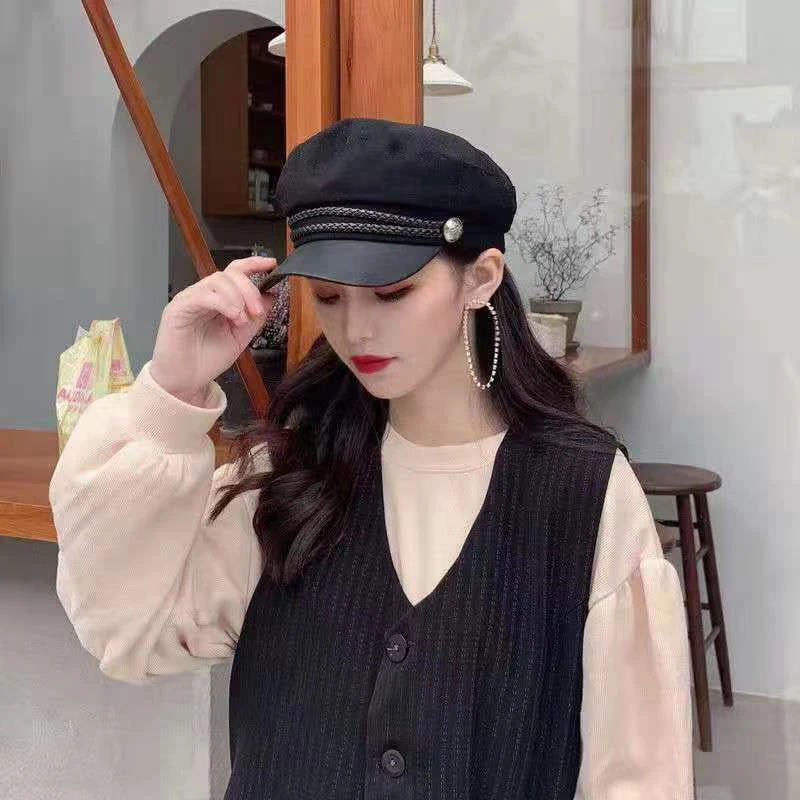 New Autumn Winter Black Military Beret Women's Flat Horn Military Cap Women's Cap Travel Driving Cap Women's Painter's