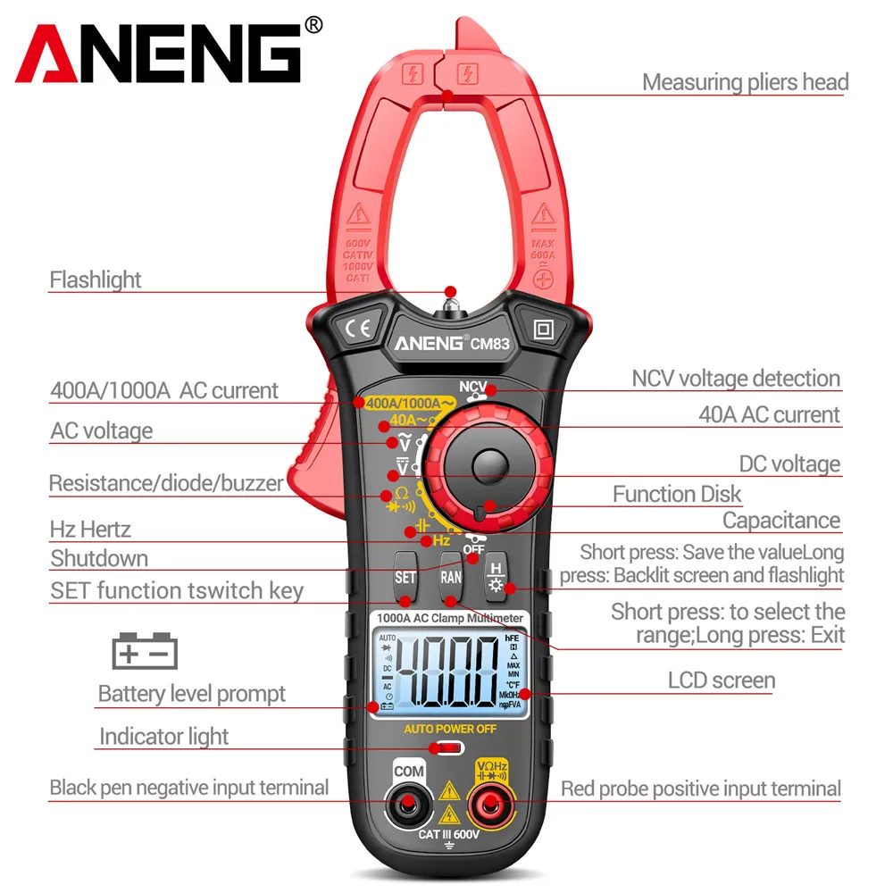 ANENG CM83 Digital Clamp Meter 1000A AC Current Capacitance 4000 Count Multimeter DC/AC Voltmeter NCV Sense Ohmmeter Tester Tool