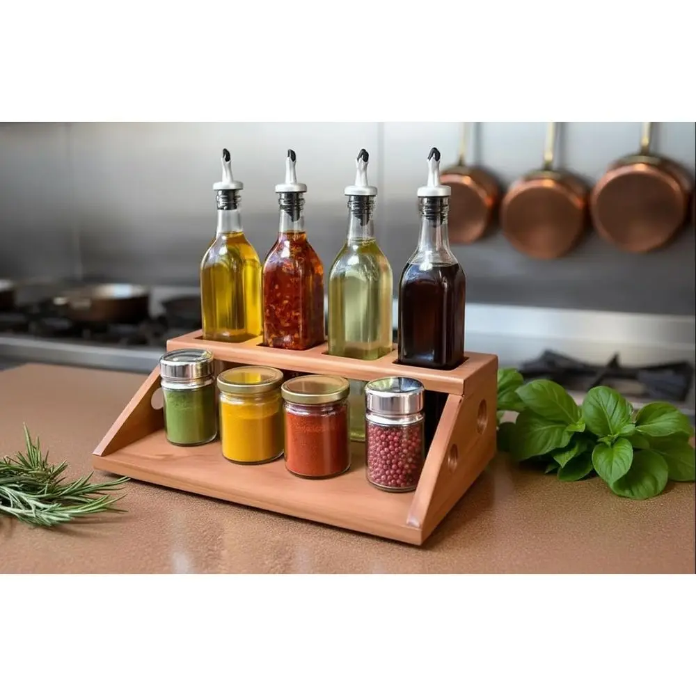 

Wooden Oil and Seasoning Bottle Rack, 4-Hole Storage Organizer with Spice Jar Stand