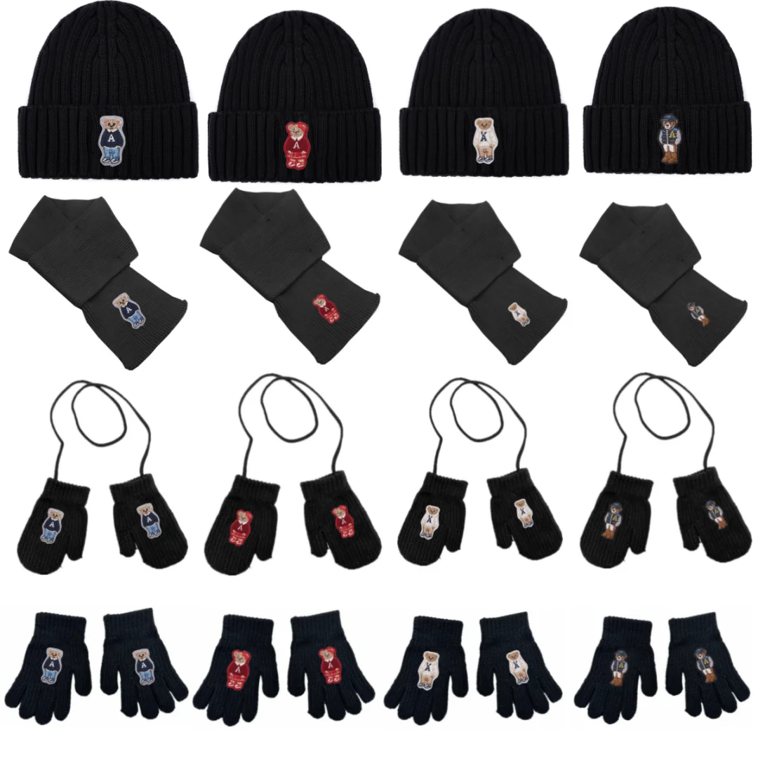 Winter  Knitted Beanies Leather bear Outdoor Hat Children Hats Personality Table hats girl hat boy hat Scarf gloves Full set