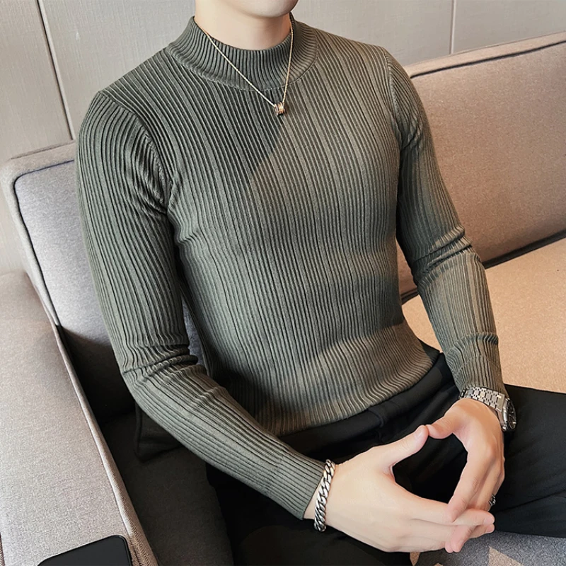 Fashion Half High Neck Vertical Stripe Knitting Sweaters Men High Quality Slim Fit Autumn New Pure Color Warm Casual Pullovers