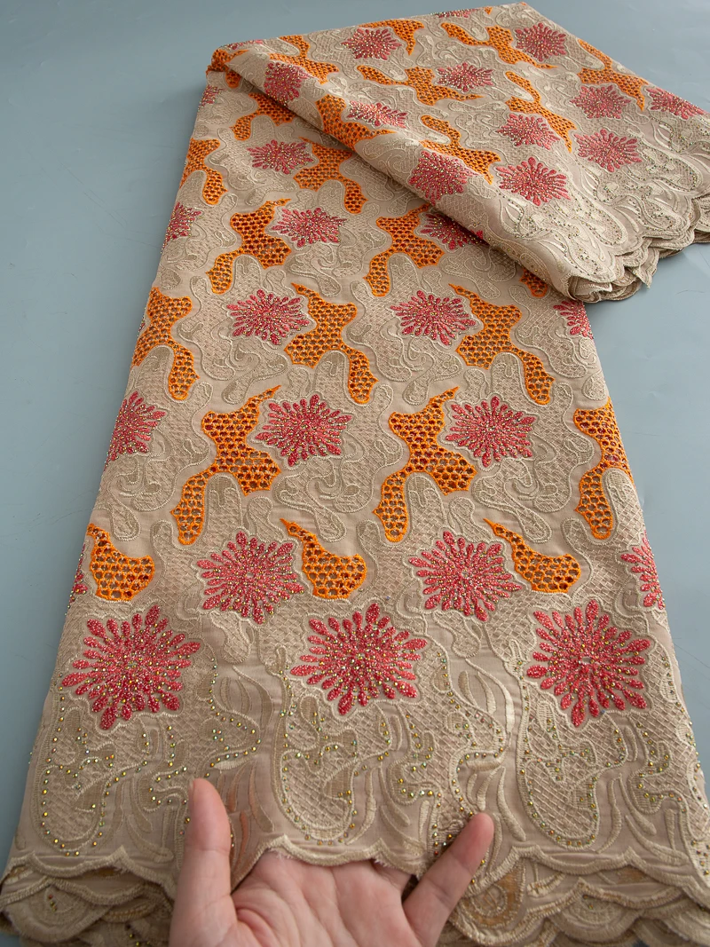 

2025 High Quality African Cotton Lace Fabric 5Yard Embroidered Swiss Voile Lace Fabric with Rhinestones for Wedding Party Dress