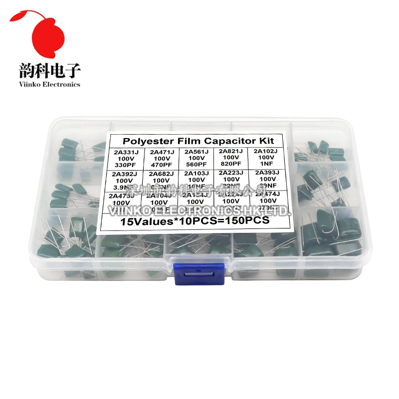 150pcs 15Values Polyester Film Capacitor Assortment Kit with Box 2A331J 2A471J 2A102J 2A103J 2A223J 2A104J 2A154J 2A224J 2A474J