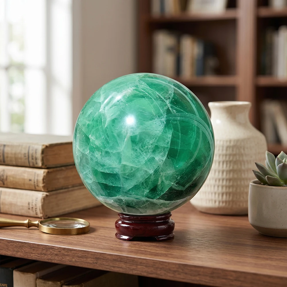 6-7cm/2.36-2.76inch Natural Green Fluorite Crystal Ball with Wooden Stand Polished Reiki Healing Chakra Stone for Clarity Focus Balance Meditation Yoga Feng Shui Home Office Desk Decor Display Emotional Healing Gift for Crystal Lover Collection view 5