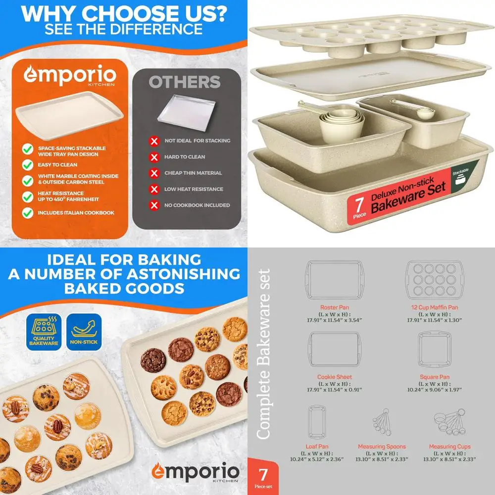 

Deluxe Marble Coated Nonstick Baking Pans Set, 7-Piece, PFOA/PFOS/PTFE Free, Oven Safe to 450°F, Recipe Booklet Included