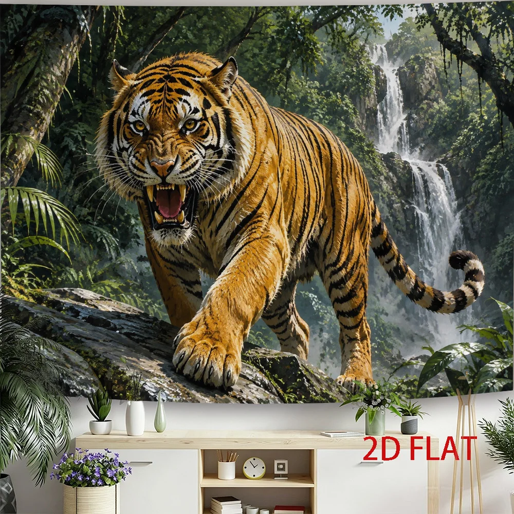 Vibrant Bengal Tiger in Lush Waterfall Jungle Safari Mural Wall Tapestry Decoration for Home Living Room