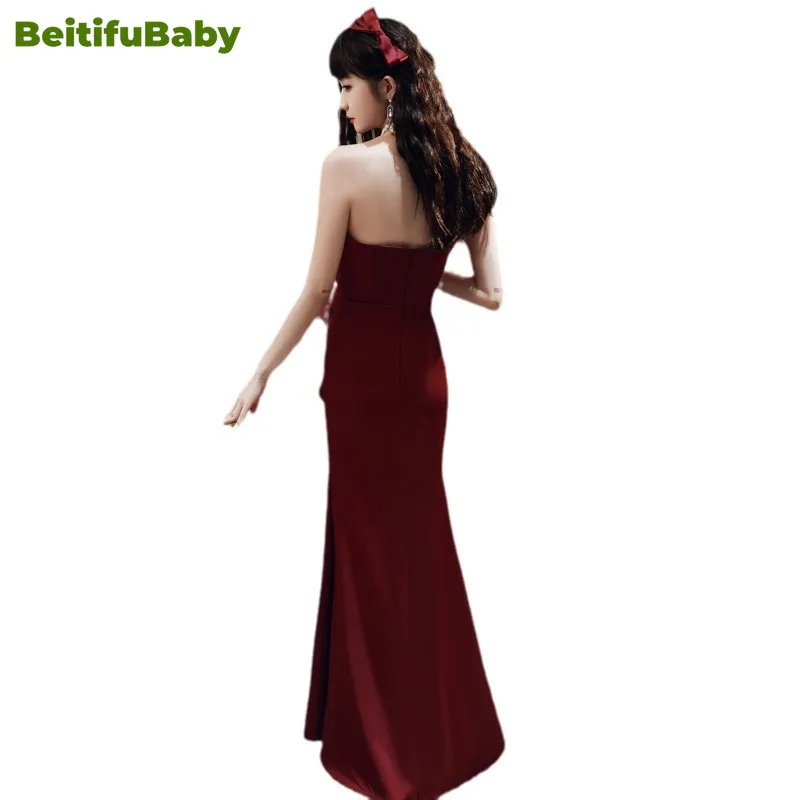 BeitifuBaby Vintage Women\'s Prom Dresses Strapless Lace-up Mermaid Long Skirt Banquet Gown Evening Party Dress for Women Vestido