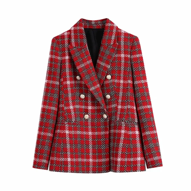 Blazer scozzese in Tweed rosso vestito da donna colori a contrasto Blazer scozzese da ufficio doppiopetto 2023 primavera autunno vestito Casual di