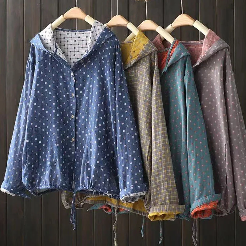 Hooded Printed Drawstring Shirt with A Bohemian Casual Vibe, Loose-Fitting Women's Cotton Gauze Blouse, Lightweight Coat