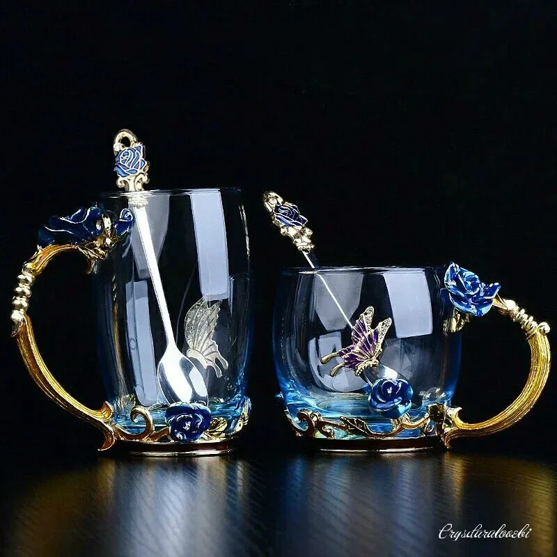 Hand-made Enamel Crystal Cup Glass Coffee Mug Gift Box Tea Cup and Mugs High-grade Glass Cup Couple Mug Lover Wedding Gift