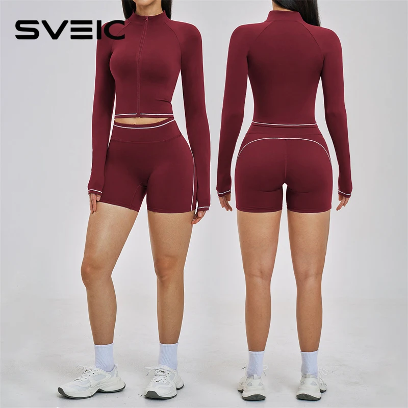 

SVEIC Women’s Gym Set Long Sleeve Jacket Zipper Color Block Fitness High Waisted Shorts Booty Lift Workout Running Yoga Clothing