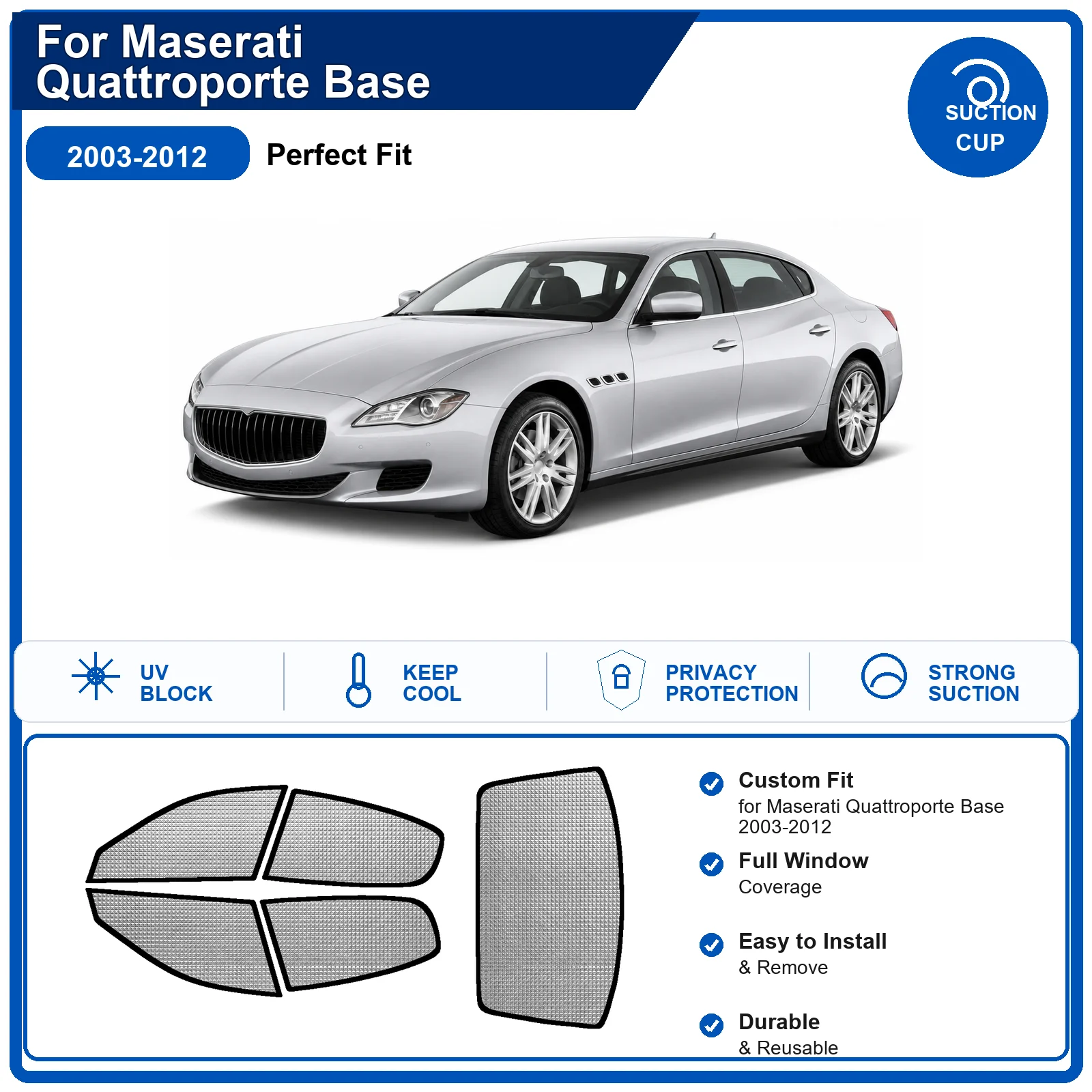 For Maserati Quattroporte Base 2003-2012 Custom Full Set Windshield Sun Shade Aluminum Foil Heat Insulation Anti UV Foldable