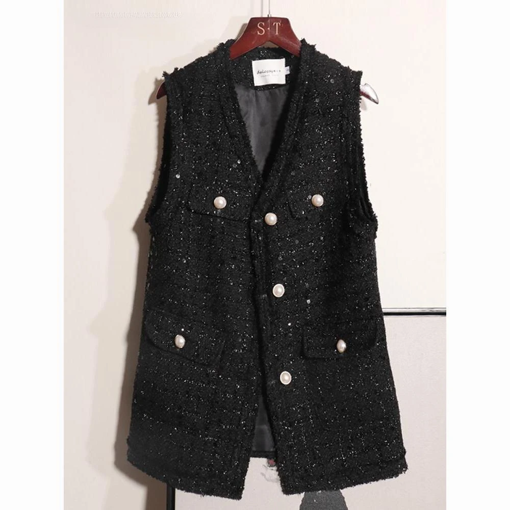 

2024 Spring Autumn New Women's Korean Fashion Loose Sequin Vest Solid Color Mid Length Large Versatile V-neck Coat L34