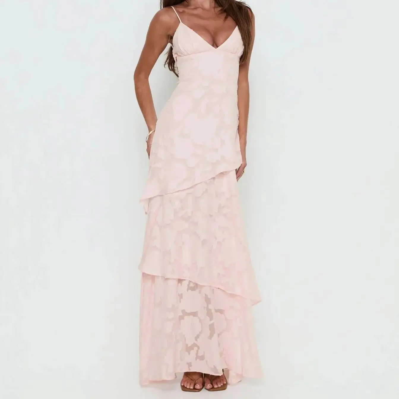 

Blush Pink Jacquard Spaghetti Tiered Maxi Dress 2026 Summer French Style Backless Elegant Long Dress Romantic Fairy Party Dress