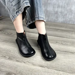 Birkuir Retro Big Head Ankle Boots For Women Genuine Leather Boots Side Zip Sewn Luxury Flat Platform Shoes Elegant Short Boots