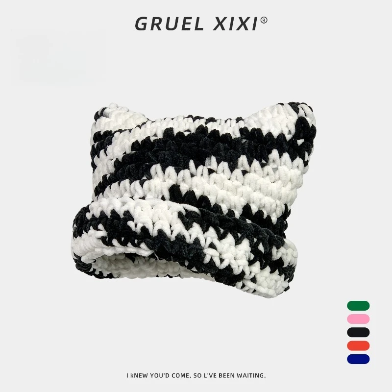 여성을위한 맞춤형 컬러 도파민 고양이 귀 니트 모자 가을과 겨울 두껍고 따뜻한 귀 보호 스컬리 비니