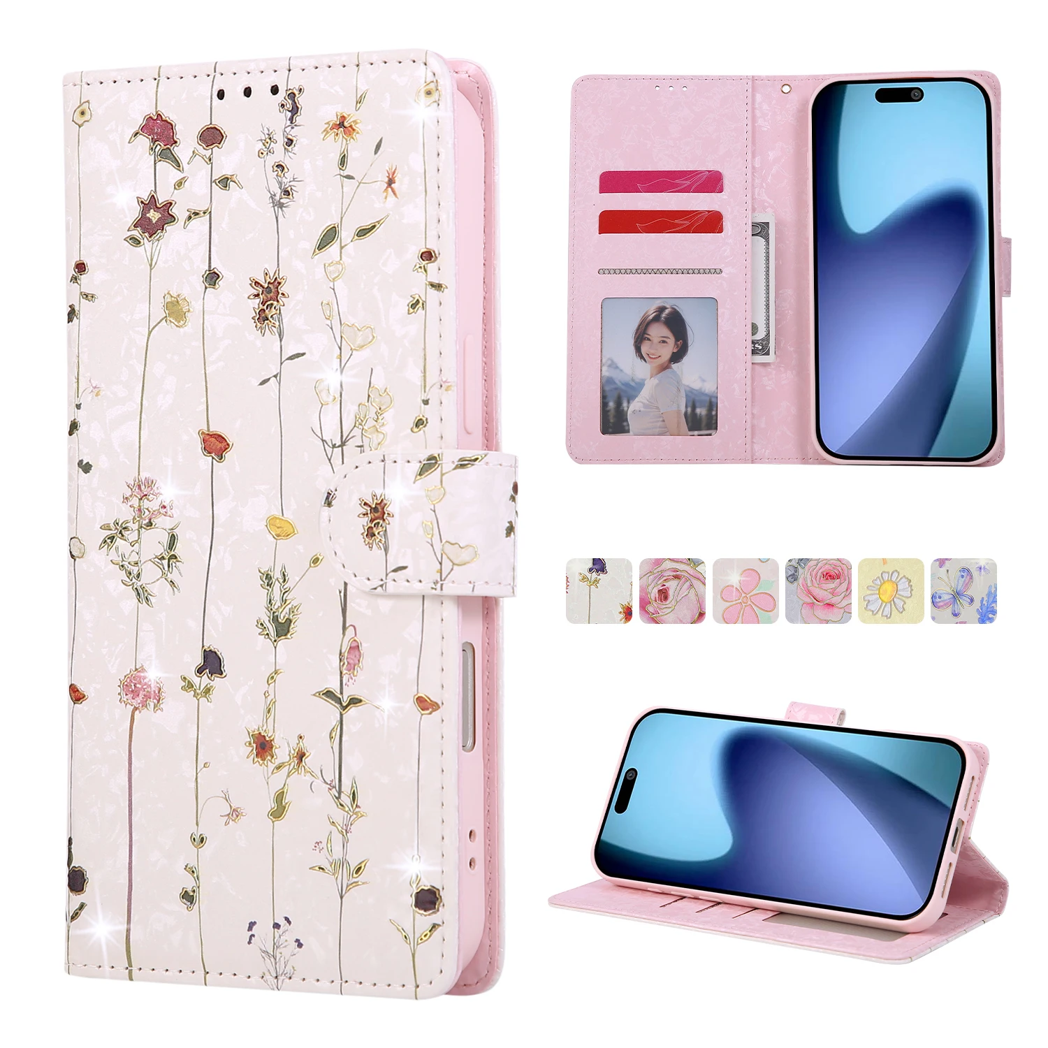 Dompet Kulit Motif Bunga Anti Maling Magnetik Mewah Untuk iPhone 17 Pro Max 16 Plus 15 Plus 14 13 Penutup Lucu