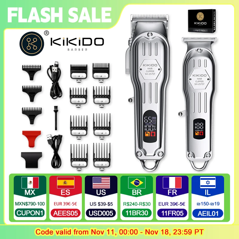 Full Metal Kit Profissional Barbeiro Cabelo Clipper para Homens, Aparador De Barba Elétrica, Corte De Cabelo Recarregável, 2 em 1