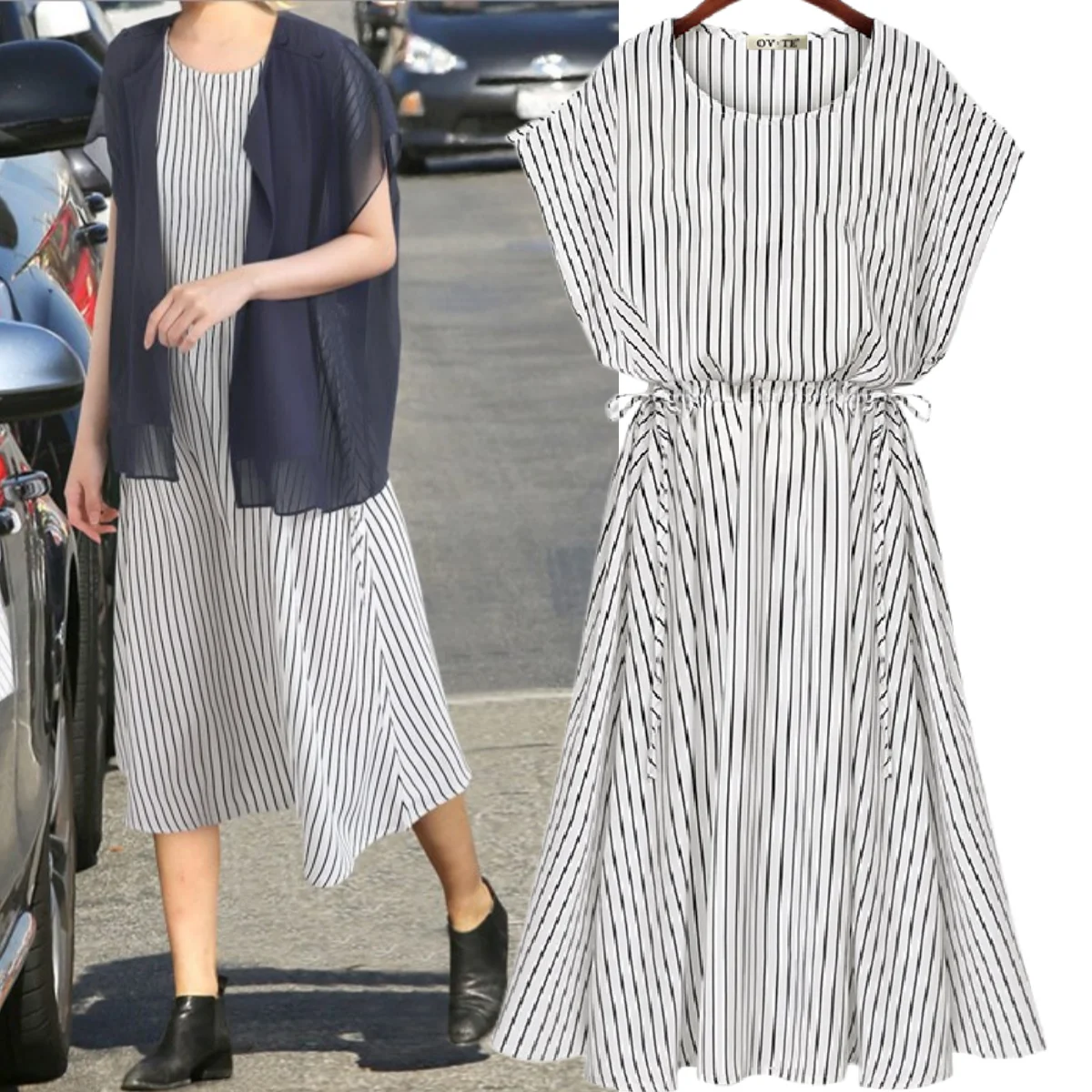 

Платье женское длинное свободное в полоску, классическое Элегантное Длинное в стиле пэчворк, с круглым вырезом, без рукавов, с кулиской на талии, с оборками