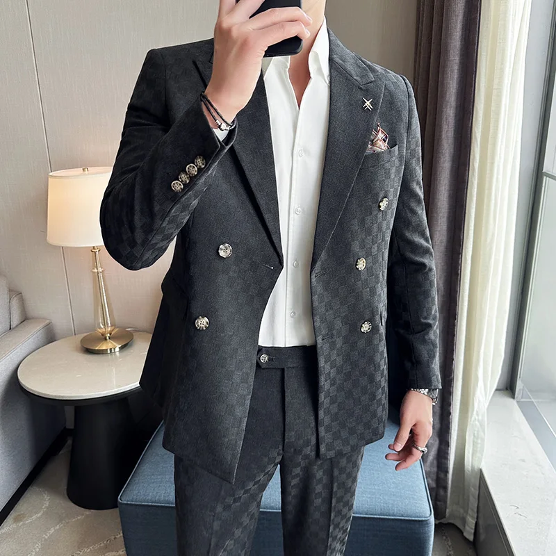 (Jacket+Pants) 2 Pieces Blue Apricot Business Party Men Suits Double Breasted Formal Style Custom Made Wedding Groom Tuxedos