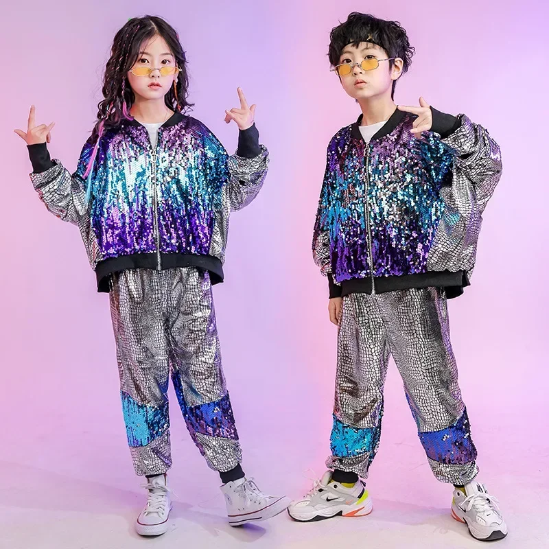 

Silver Pants For Girls Boys Street Jazz Dance Costume Performan Clothes Wear Kid Hip Hop Clothing Sequined Coat Jacket Loosed