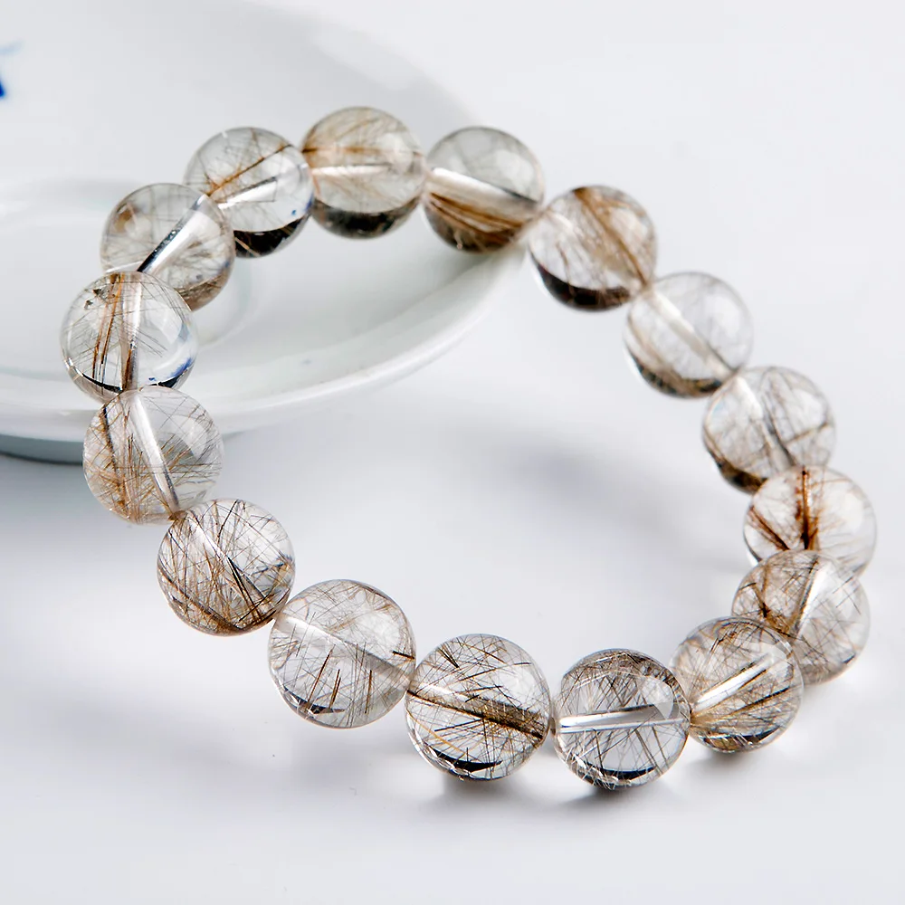 Natural Silver Rutilated Quartz Round Beads Bracelet 11mm 12mm 13mm 14mm 15mm Women Men Fashion Wealthy Stone AAAAAA