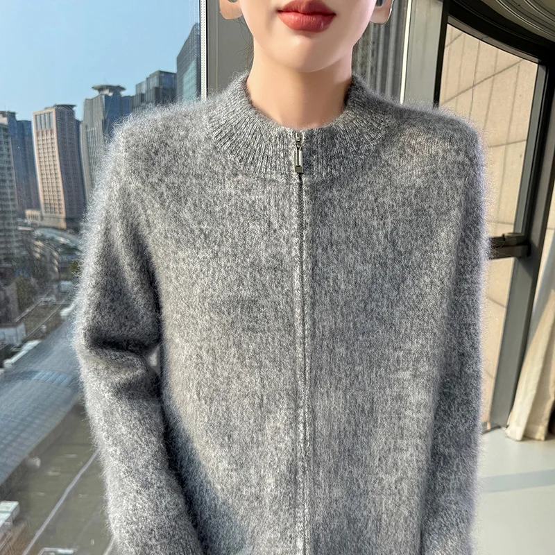 Fall/winter 100% Mink Velvet Women's Knitted Colorful Zipper Cardigan Loose Cardigan Semi-high Collar soft Sweater Coat