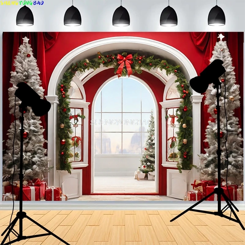 

Christmas Day Fireplace Photography Backdrops Large Window Living Room Wreach Xmas Tree Fireplace New Year Background XH-29