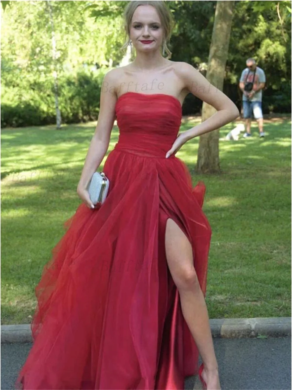 Bafftafe A Line Tulle Prom Party Dresses Simple Customized Slit Side Women Evening Gowns Pleated Formal Wedding Guest Dress