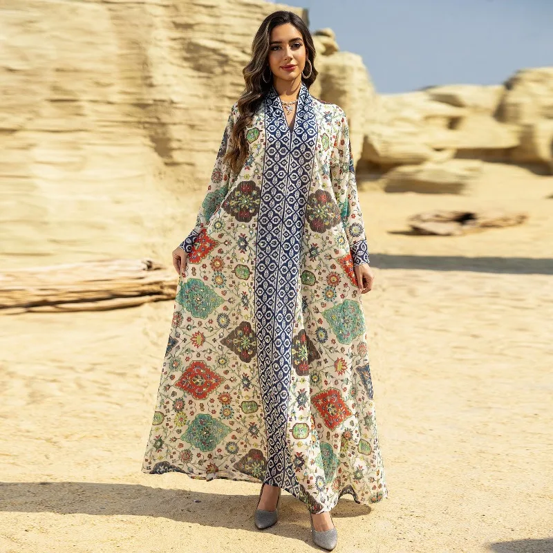 Dubai Abaya Muslim Women Dress Floral Print Long Sleeve Pullover