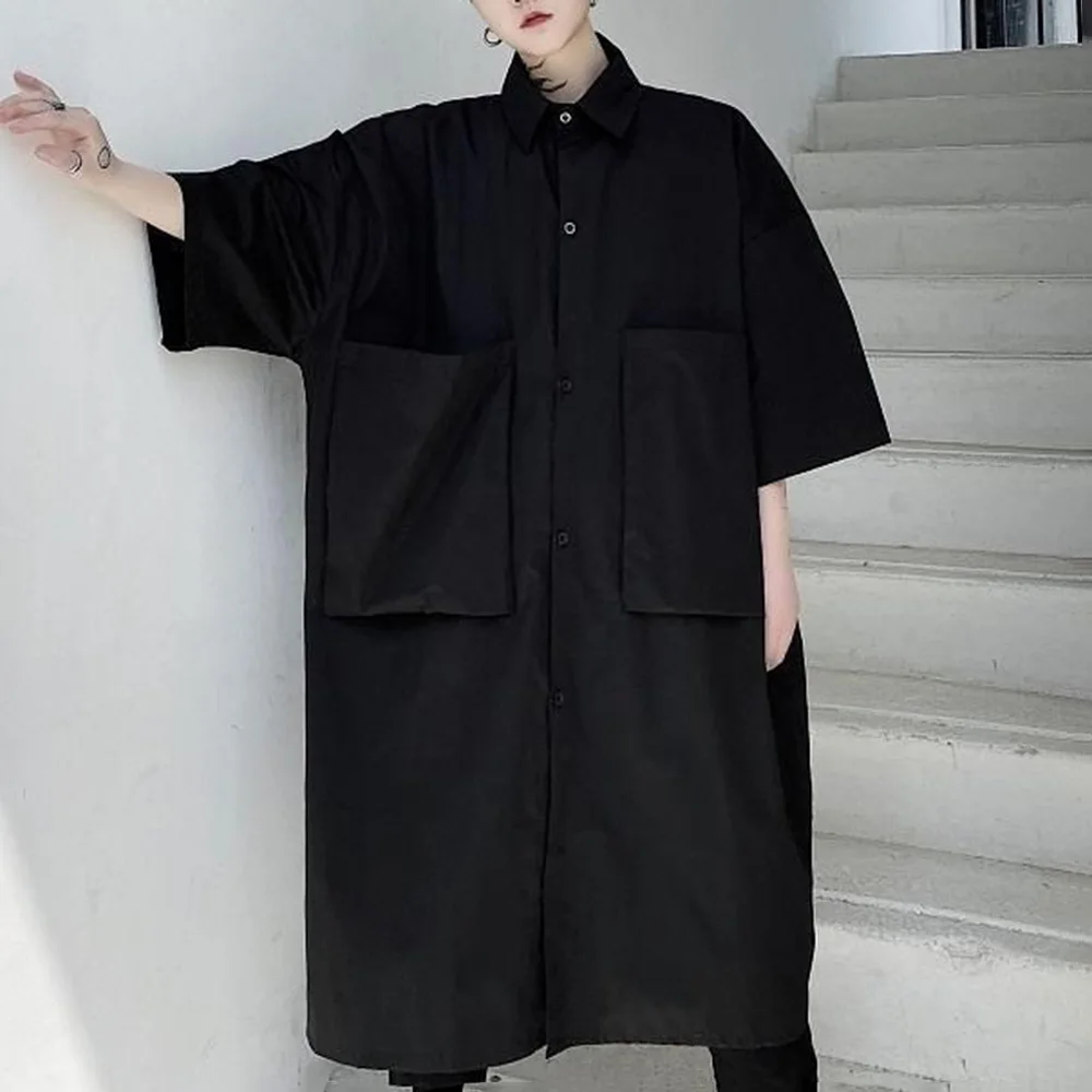 

Mens Mid-Length Windbreaker Big Pocket Shirt Streetwear Fashion Youth Campus Versatile Short-Sleeve Tops Men'S Clothing 2025 New