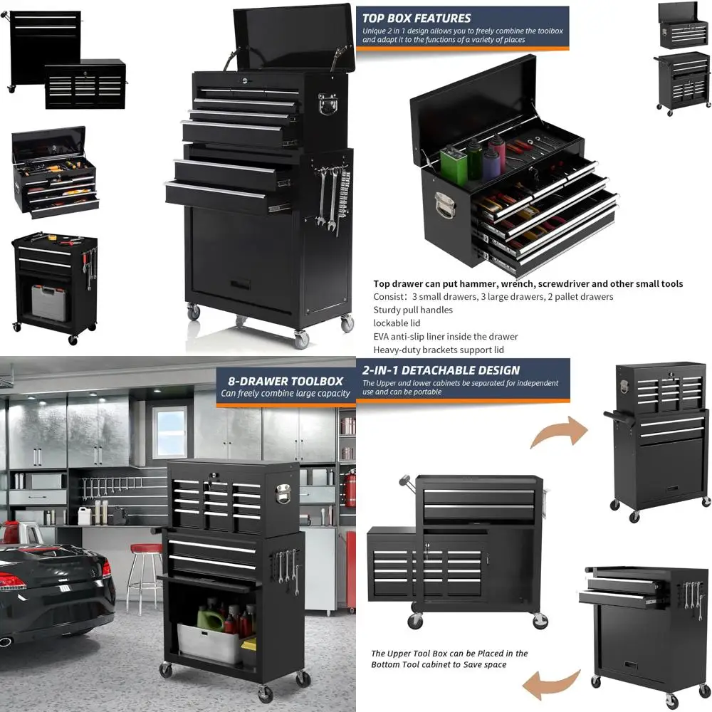 Cómoda para herramientas con ruedas de 8 cajones de alta capacidad con gabinete y ruedas desmontables