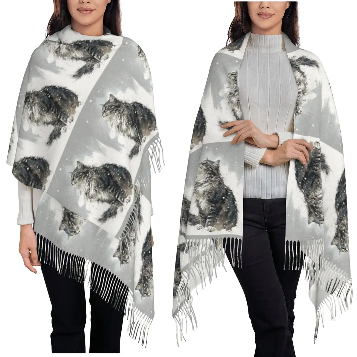 Cute Kitten Looked Up At The Snow Scarf Tassel Scarves for Women Soft Warm Shawls and Wraps Large Fall Winter Shawl Wrap