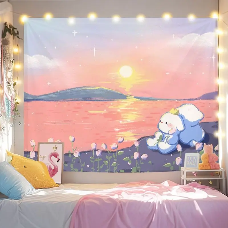 VIKAMA Watercolor Ocean Bear Tapestry Blue Healing Floating Bear Star Love Background Cloth Warm Tapestry Room Decoration
