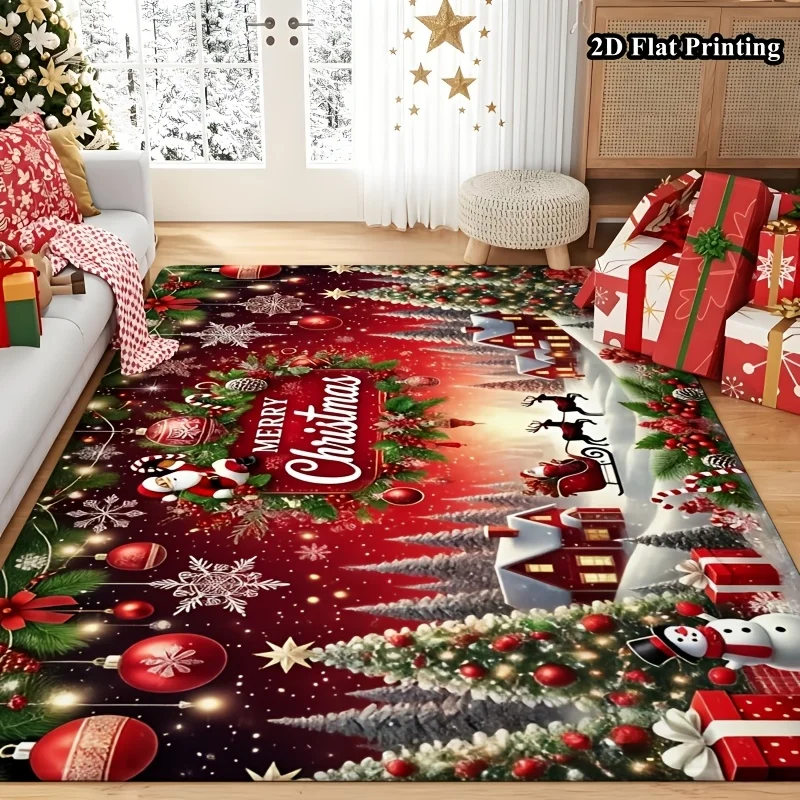 1pc 2D Flat Christmas Rug, Santa Sleigh Winter Scene Print, Machine Washable, Soft, for Entryway, Living Room, Bedroom, Patio