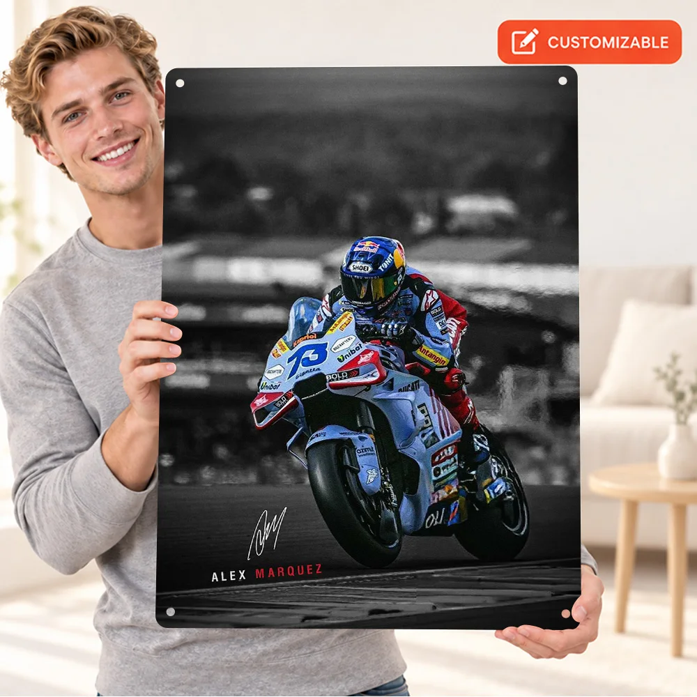 Alex Marquez MotoGP Textured Metal Poster Personalized Aluminum Sign Black And White With Color Accents Wall Art For Home Office