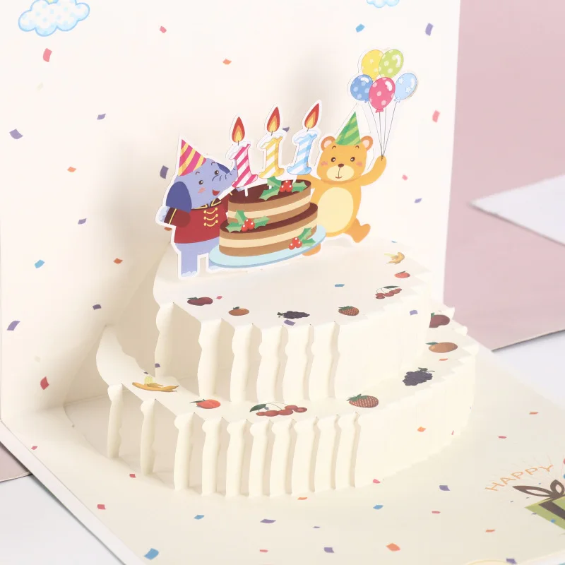 

3D Pop up Cake Birthday Greeting Card Handwriting Blessing Thank Card Ornament for Expressing Blessing Present Accessory