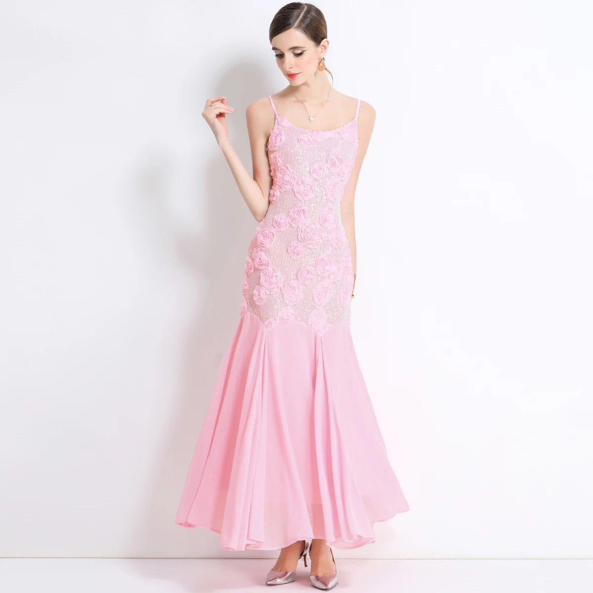 Summer French Elegant 3D Flower Reqiuns Long Prom Dress Women's Spaghetti Strap Sundress Blackless Evening Party Clothing