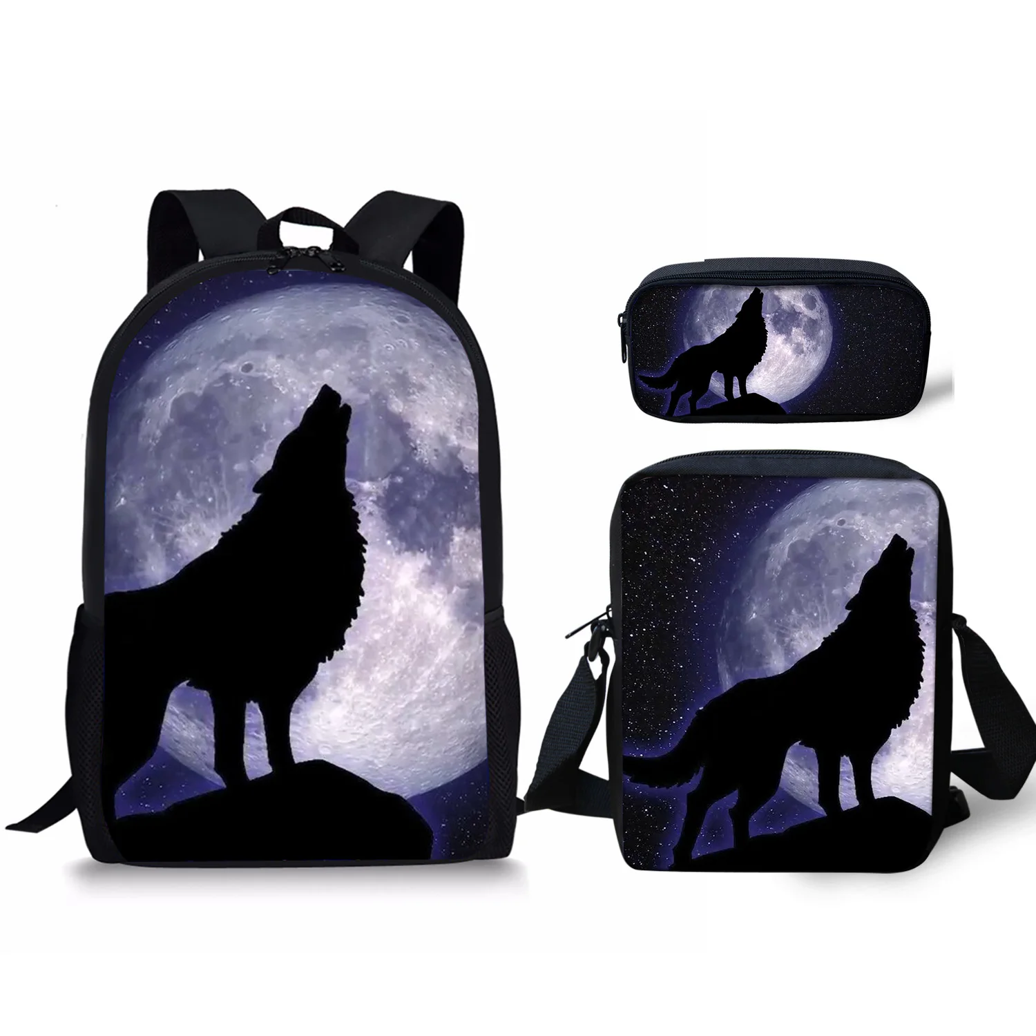 Cool Wolf on The Moon Pattern 3 Set School Bag Lightweight Backpack for Teen Boys Girl Casual School Bag Lunch Bag Pencil Case