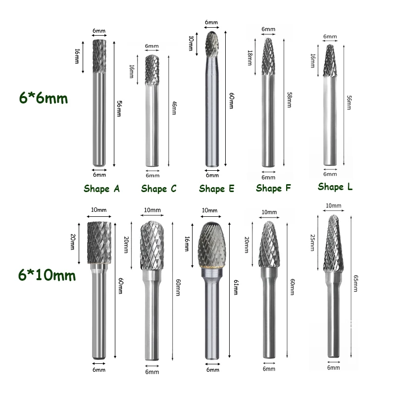 炭化タングステンカーバイドバーのセット,金属研磨用の6*6/10mm,タイプa/c/e/f/l,二重切断,フライス加工,10個