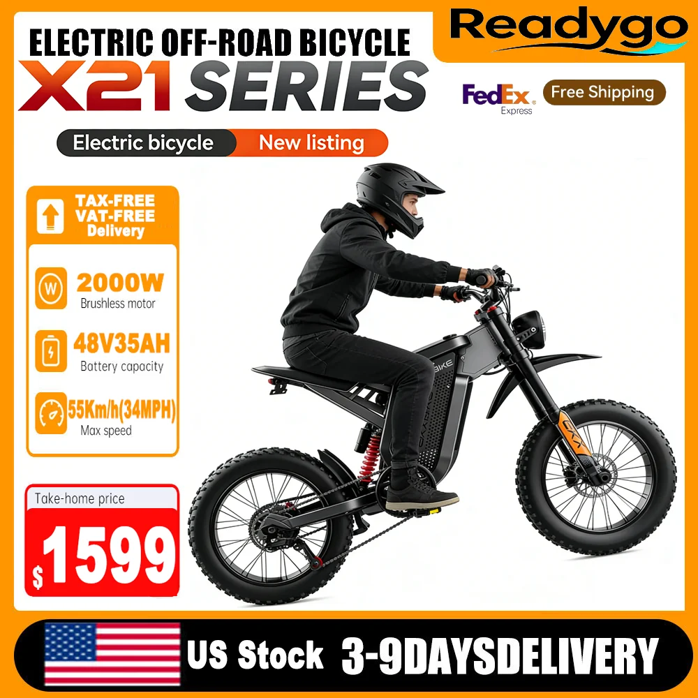 

Электровелосипед EKXBIKE X21 для взрослых, 2000 Вт, 55 км/ч, 20-дюймовые широкие шины, съемная батарея 48В35Ач, полная подвеска, гидравлические тормоза, для бездорожья