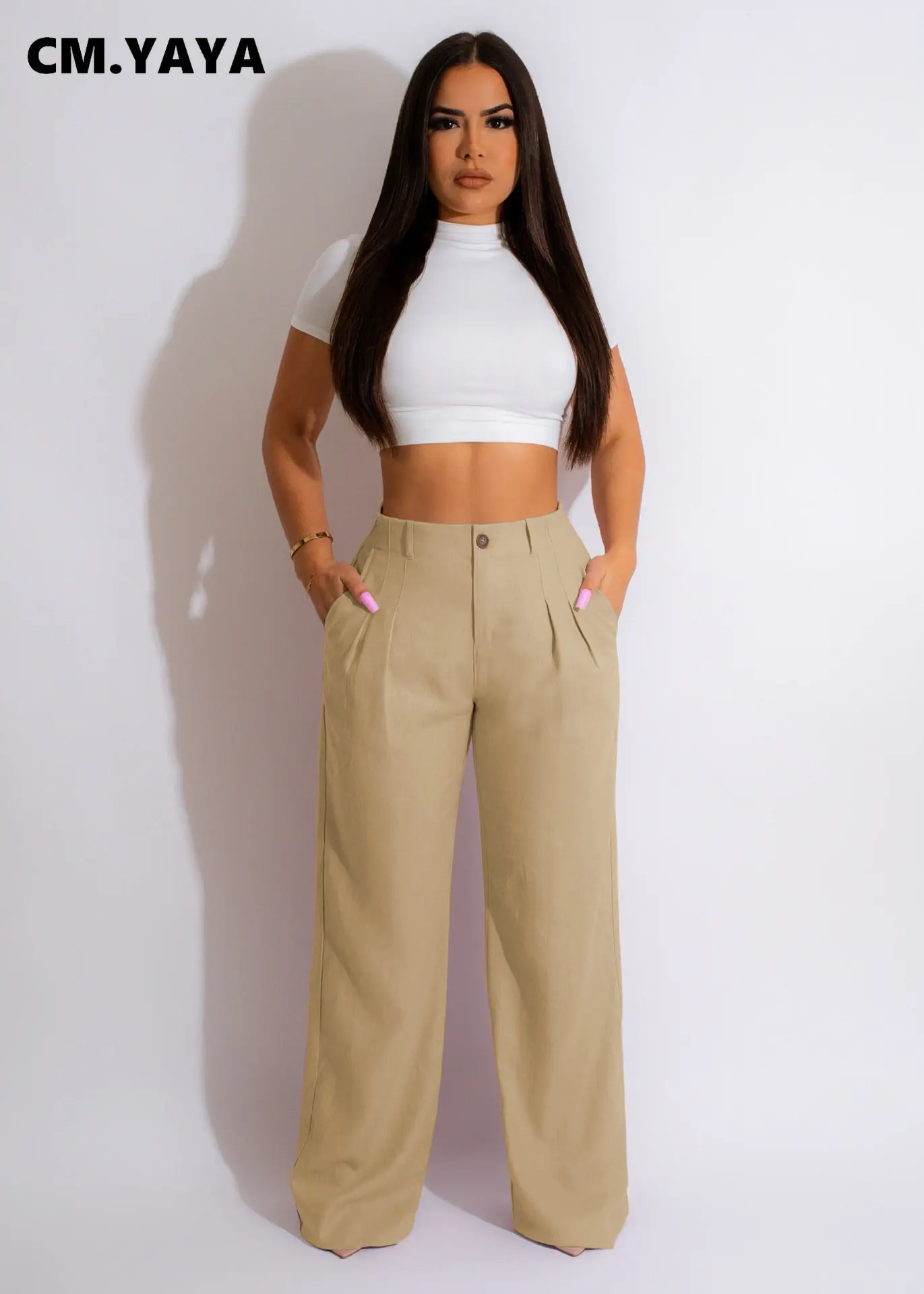 yaya CM.YAYA Fashion Women Straight Wide Leg Zipper Fly Draped High