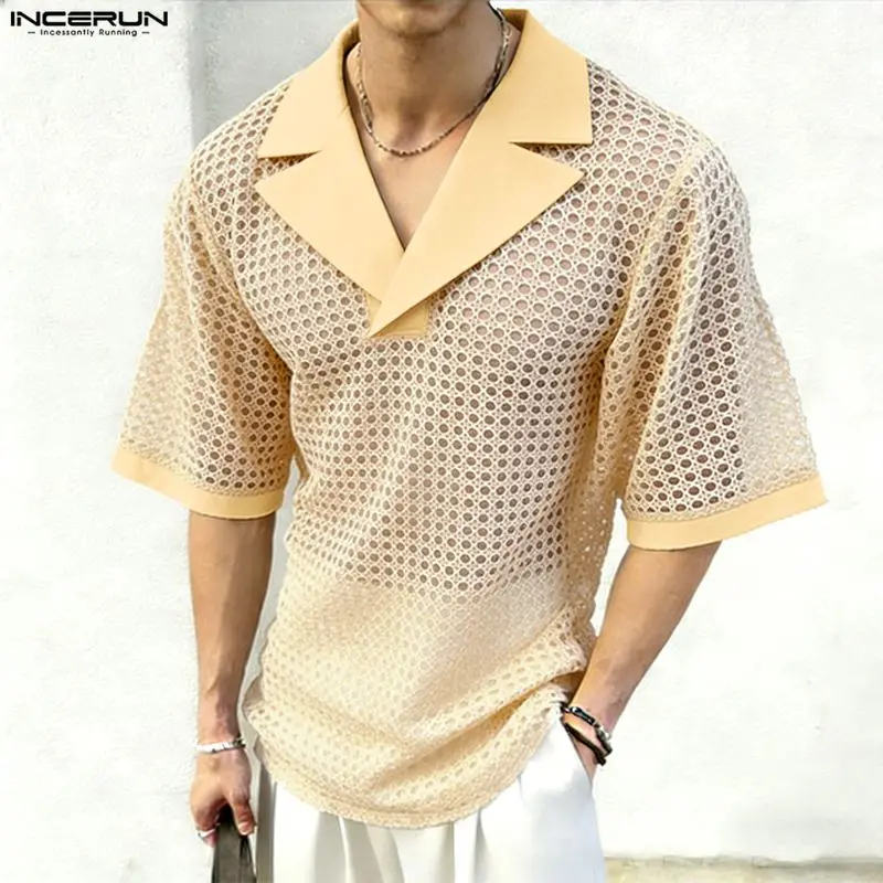 

INCERUN Men's Shirt Mesh Patchwork Hollow Out Lapel Short Sleeve Tops Men Clothes Summer Loose Streetwear 2026 Fashion Camisa