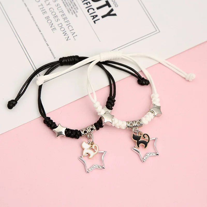 Adjustable Star Pendant Couple Bracelets for Women Girls Black White Heart Knit Bracelet New Fashion Trendy Party Jewelry Gifts