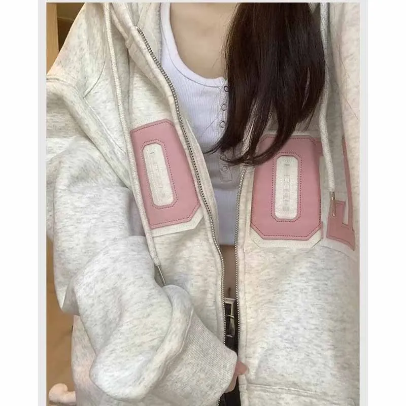 Spring Autumn New Female American Style Retro Style Hoodies Sweatershirts Women Loose Fit Long Sleeved Cardigan Hooded Hoodie