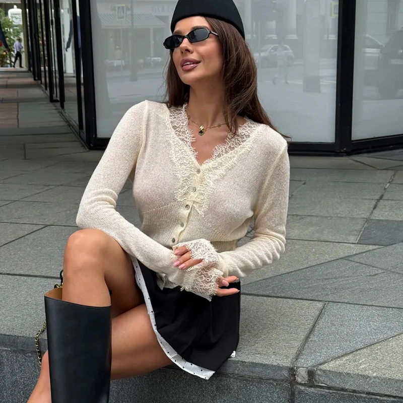 Tornova-suéter de encaje con empalme para mujer, cárdigan elegante con cuello de pico, Top de punto de manga larga, abrigo de punto ajustado para otoño e invierno 2025